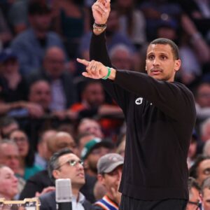 Boston Celtics head coach Joe Mazzulla reacts in the second half during game four of the second round for the 2025 NBA Playoffs against the New York Knicks at Madison Square Garden.