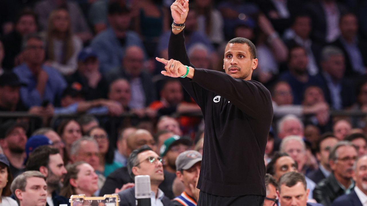 Boston Celtics head coach Joe Mazzulla reacts in the second half during game four of the second round for the 2025 NBA Playoffs against the New York Knicks at Madison Square Garden.