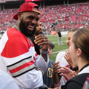 LeBron James talks to fans prior to the NCAA football game between the Ohio State Buckeyes and Notre Dame Fighting Irish at Ohio Stadium.
