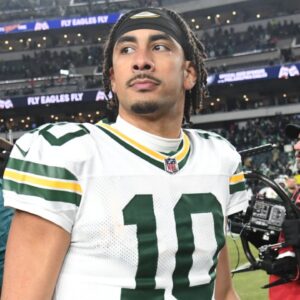Green Bay Packers quarterback Jordan Love (10) reacts after the game against the Philadelphia Eagles in an NFC wild card game at Lincoln Financial Field.