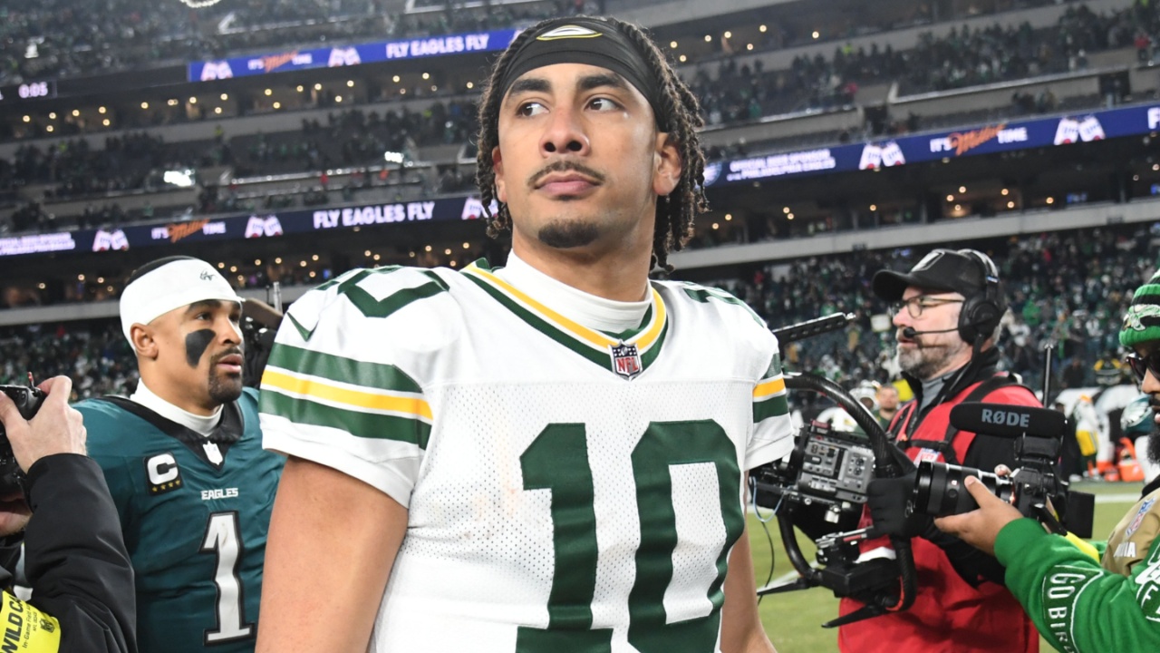 Green Bay Packers quarterback Jordan Love (10) reacts after the game against the Philadelphia Eagles in an NFC wild card game at Lincoln Financial Field.
