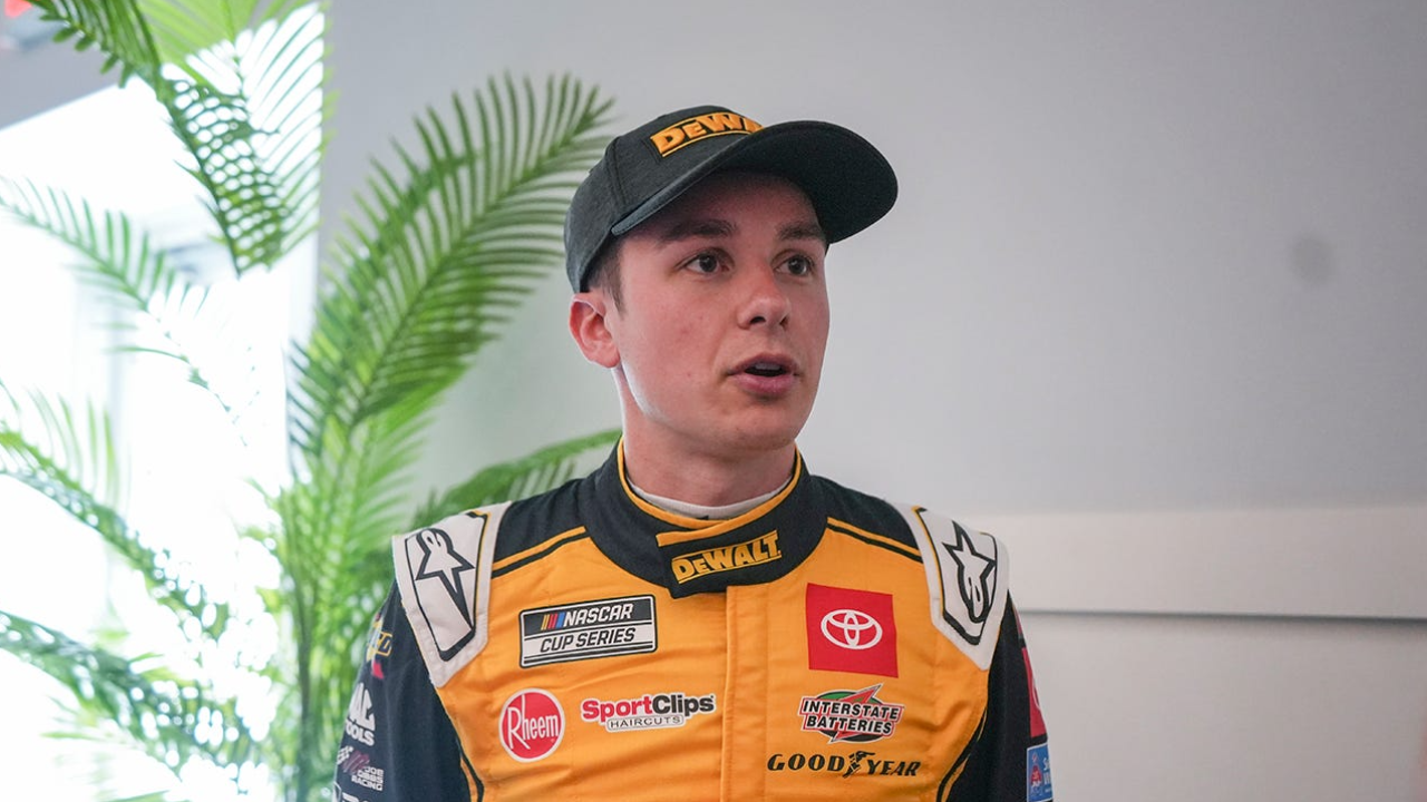 Driver Christopher Bell of Joe Gibbs Racing speaks to the press following NASCAR Cup series practice at Circuit of the Americas Friday, March 24, 2023.