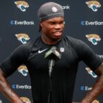 Jacksonville Jaguars wide receiver Travis Hunter (12) meets with the media following rookie minicamp at Miller Electric Center.