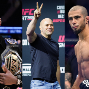 Jon Jones (L), Dana White (C) and Muhammad Mokaev (R)