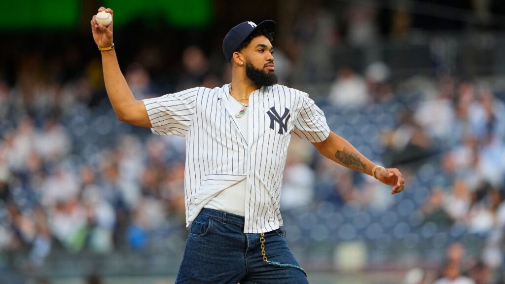Minnesota Timberwolves Karl-Anthony Towns throws out the first pitch prior to the game between the Baltimore Orioles and New York Yankees at Yankee Stadium.