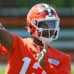Cleveland Browns quarterback Shedeur Sanders (12) throws during day two of NFL rookie minicamp at the Cleveland Browns training facility on Saturday, May 10, 2025, in Berea, Ohio.
