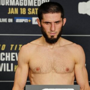 Islam Makhachev steps on the scale for the official weigh-in at Intercontinental Downtown Los Angeles for UFC311 Makhachev vs Tsarukyan 2