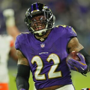 Baltimore Ravens running back Derrick Henry (22) runs for a touchdown during the fourth quarter against the Cleveland Browns at M&T Bank Stadium.