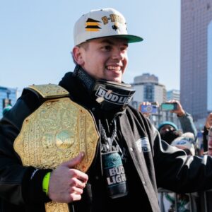 Philadelphia Eagles cornerback Cooper DeJean (33) celebrates during the Super Bowl LIX championship parade and rally.