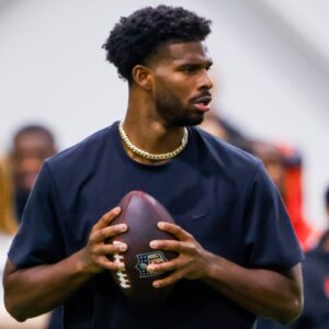 Colorado Buffaloes quarterback Shedeur Sanders (2) passes the ball at the University of Colorado NFL Showcase at the CU Indoor Practice Facility.