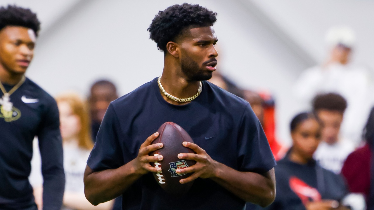 Colorado Buffaloes quarterback Shedeur Sanders (2) passes the ball at the University of Colorado NFL Showcase at the CU Indoor Practice Facility.