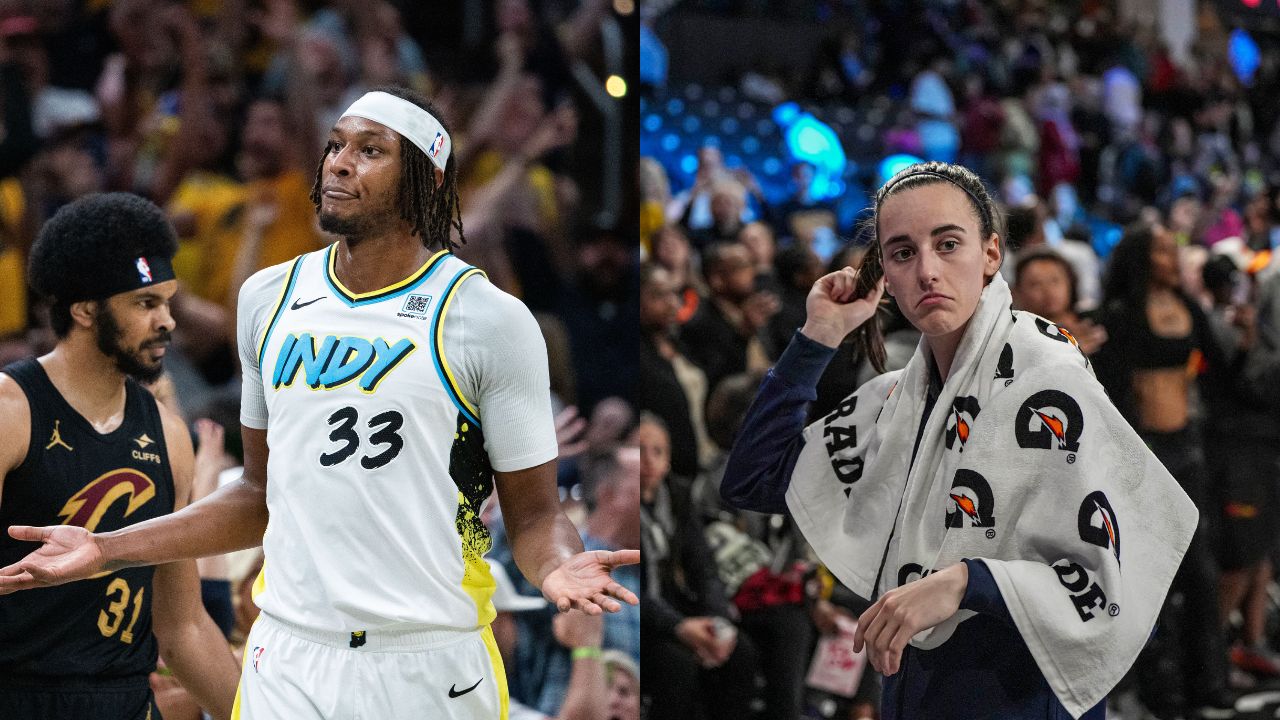 Myles Turner (L), Caitlin Clark (R)