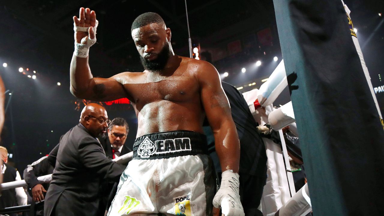 Tyron Woodley leaves the ring after a loss to Jake Paul (not pictured) at Amalie Arena.