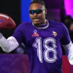 NFC wide receiver Justin Jefferson of the Minnesota Vikings (18) catches the ball during the Satisfying Catch event at the Pro Bowl Skills Challenge at Nicholson Fieldhouse.