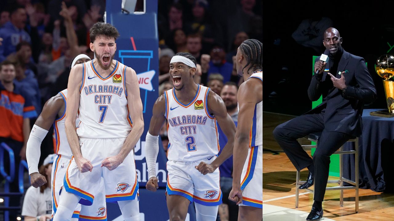 Chet Holmgren and Shai Gilgeous-Alexander (L) and Kevin Garnett (R)