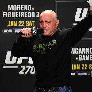UFC host Joe Rogan opens the program for weigh-ins at UFC 270 at Anaheim Convention Center.