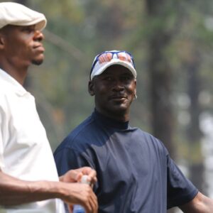 USA Champion Ray Allen and former NBA Champion Michael Jordan talk during the American Century Championship at Edgewood Tahoe Golf Course in South Lake Tahoe