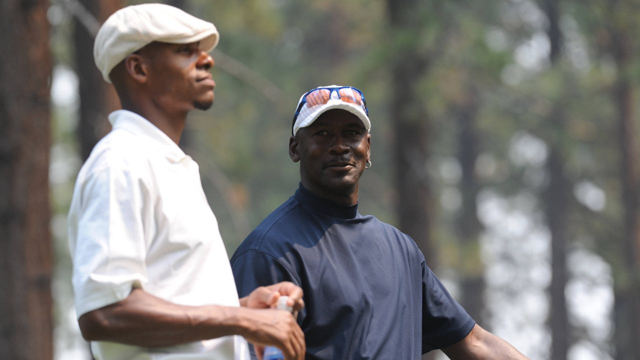 USA Champion Ray Allen and former NBA Champion Michael Jordan talk during the American Century Championship at Edgewood Tahoe Golf Course in South Lake Tahoe