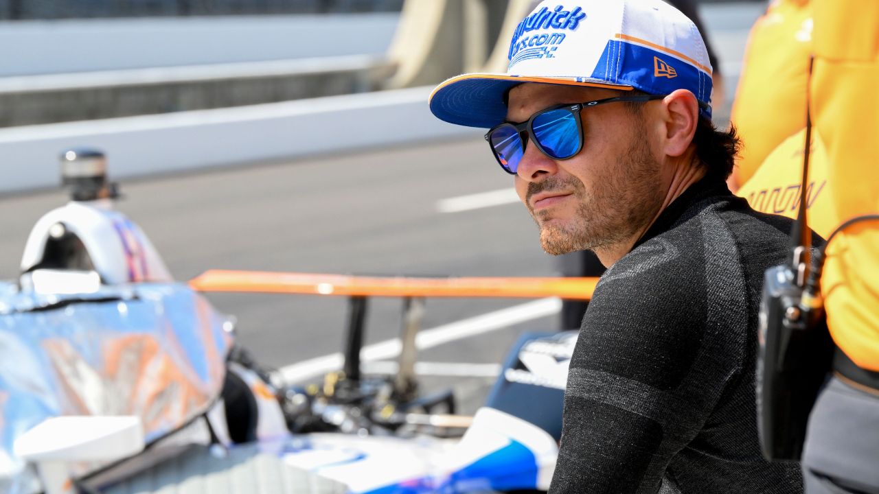 Arrow McLaren driver Kyle Larson (17) looks out on the track Thursday, May 15, 2025, during a practice for the 109th running of the Indianapolis 500 at Indianapolis Motor Speedway.