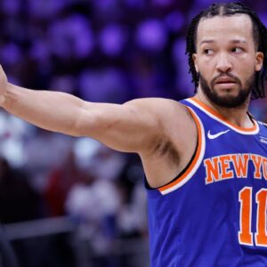 May 1, 2025; Detroit, Michigan, USA; New York Knicks guard Jalen Brunson (11) celebrates his three point basket in the fourth quarter against the Detroit Pistons during game six of first round for the 2024 NBA Playoffs at Little Caesars Arena. Mandatory Credit: Rick Osentoski-Imagn Images