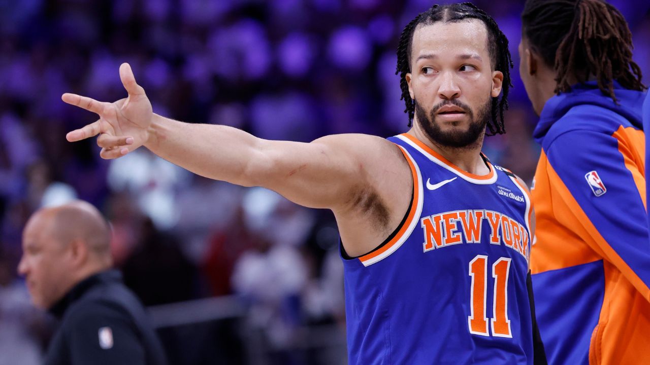 May 1, 2025; Detroit, Michigan, USA; New York Knicks guard Jalen Brunson (11) celebrates his three point basket in the fourth quarter against the Detroit Pistons during game six of first round for the 2024 NBA Playoffs at Little Caesars Arena. Mandatory Credit: Rick Osentoski-Imagn Images