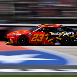 May 4, 2025; Fort Worth, Texas, USA; NASCAR Cup Series driver Bubba Wallace (23) drives during the Wurth 400 race at Texas Motor Speedway. Mandatory Credit: Jerome Miron-Imagn Images