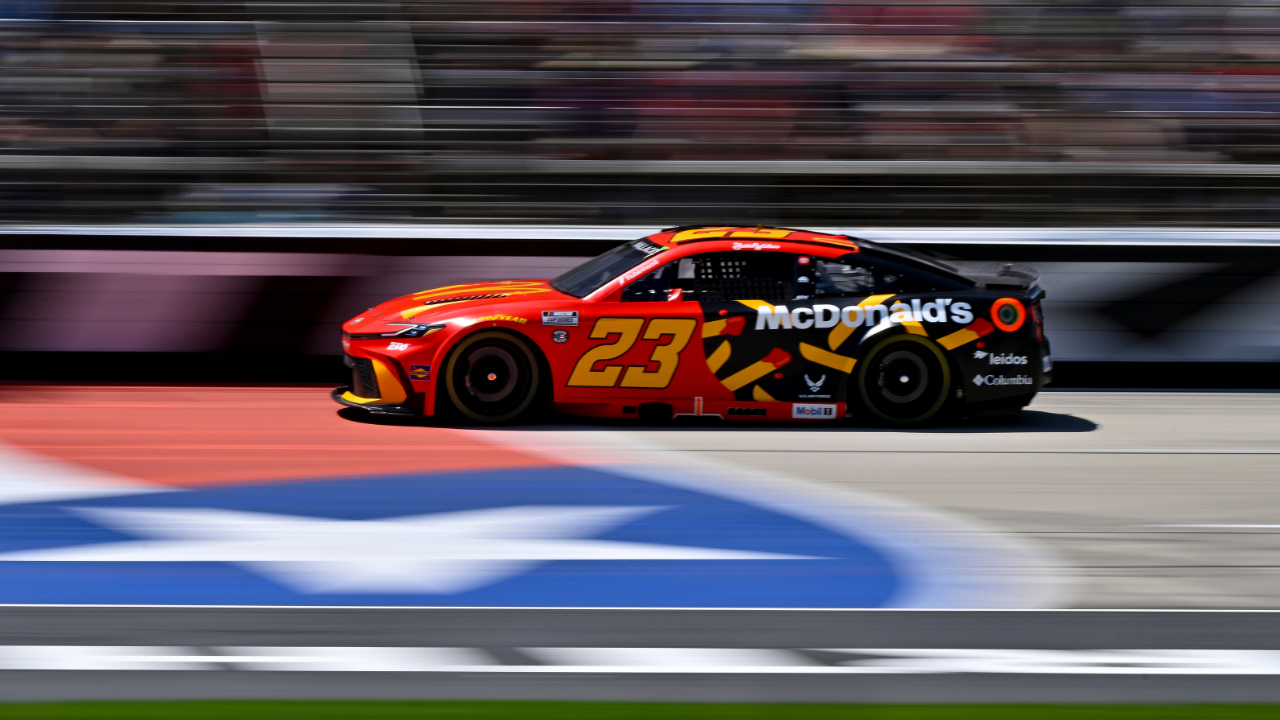 May 4, 2025; Fort Worth, Texas, USA; NASCAR Cup Series driver Bubba Wallace (23) drives during the Wurth 400 race at Texas Motor Speedway. Mandatory Credit: Jerome Miron-Imagn Images