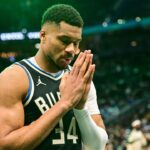 Milwaukee Bucks forward Giannis Antetokounmpo (34) gets ready to play the New Orleans Pelicans at Fiserv Forum.