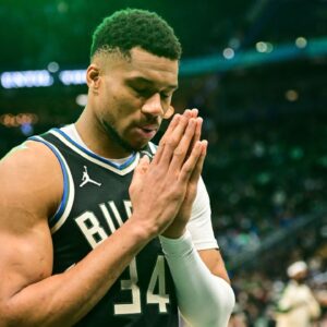 Milwaukee Bucks forward Giannis Antetokounmpo (34) gets ready to play the New Orleans Pelicans at Fiserv Forum.