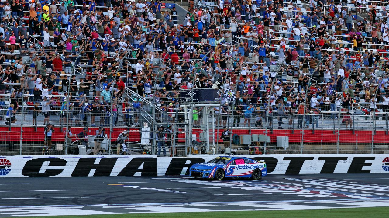 NASCAR Cup Series driver Kyle Larson (5) wins the Bank of America ROVAL 400 at Charlotte Motor Speedway Road Course.