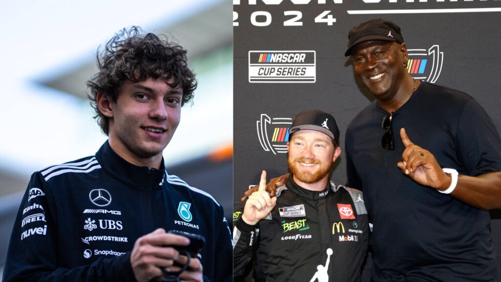 Kimi Antonelli (L) and Michael Jordan with his NASCAR team driver Tyler Reddick (R)