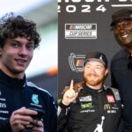 Kimi Antonelli (L) and Michael Jordan with his NASCAR team driver Tyler Reddick (R)