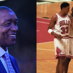 Isiah Thomas (L), Michael Jordan and Scottie Pippen (R)
