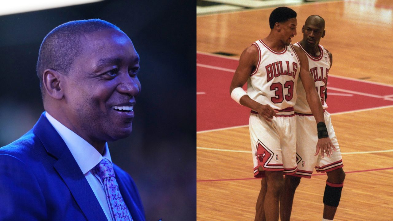 Isiah Thomas (L), Michael Jordan and Scottie Pippen (R)
