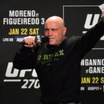 UFC host Joe Rogan opens the program for weigh-ins at UFC 270 at Anaheim Convention Center.
