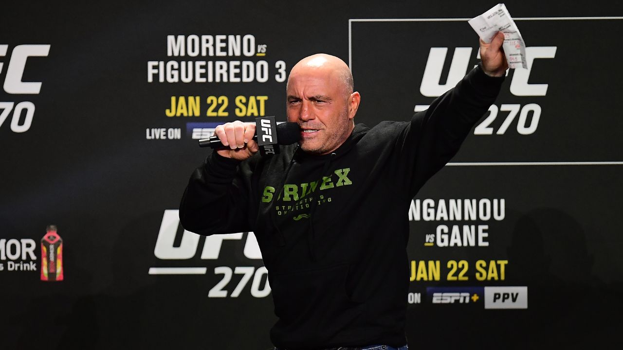 UFC host Joe Rogan opens the program for weigh-ins at UFC 270 at Anaheim Convention Center.