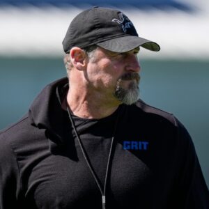 Detroit Lions head coach Dan Campbell watches practice during rookie mini camp at Meijer Performance Center in Allen Park on Friday, May 9, 2025.
