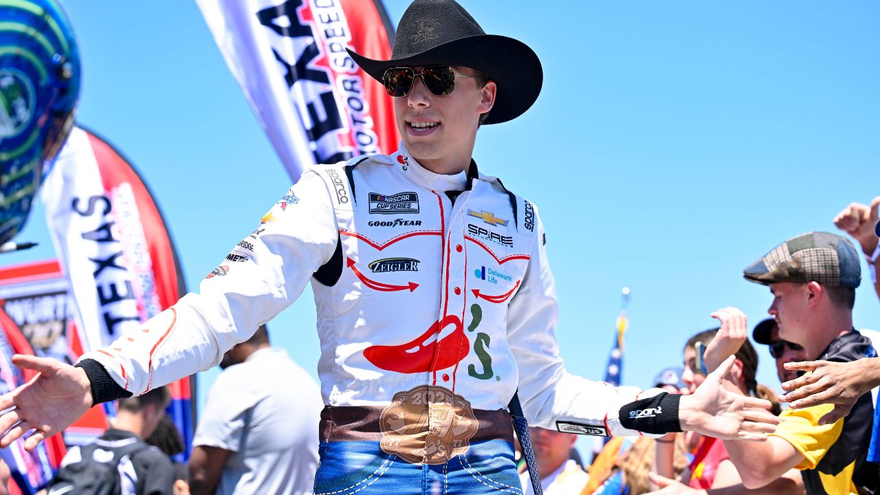 NASCAR Cup Series driver Carson Hocevar (77) is introduced before the start of the Wurth 400 race at Texas Motor Speedway.