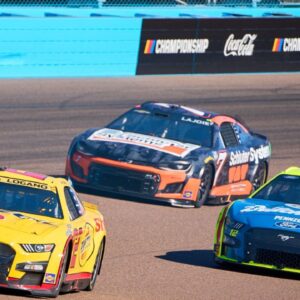 While being the pace car, NASCAR Cup Series driver Joey Logano (22) leads from Ryan Blaney (12), Ricky Stenhouse Jr. (47) and Corey LaJoie (7) during the NASCAR Cup Series championship race at Phoenix International Raceway in Avondale on Sunday, Nov. 6, 2022.