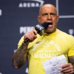 UFC announcer Joe Rogan during ceremonial weigh ins for UFC 300 at MGM Grand Garden Arena.