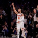 May 16, 2025; New York, New York, USA; New York Knicks guard Jalen Brunson (11) celebrates his three point shot against the Boston Celtics during the fourth quarter of game six in the second round of the 2025 NBA Playoffs at Madison Square Garden. Mandatory Credit: Brad Penner-Imagn Images