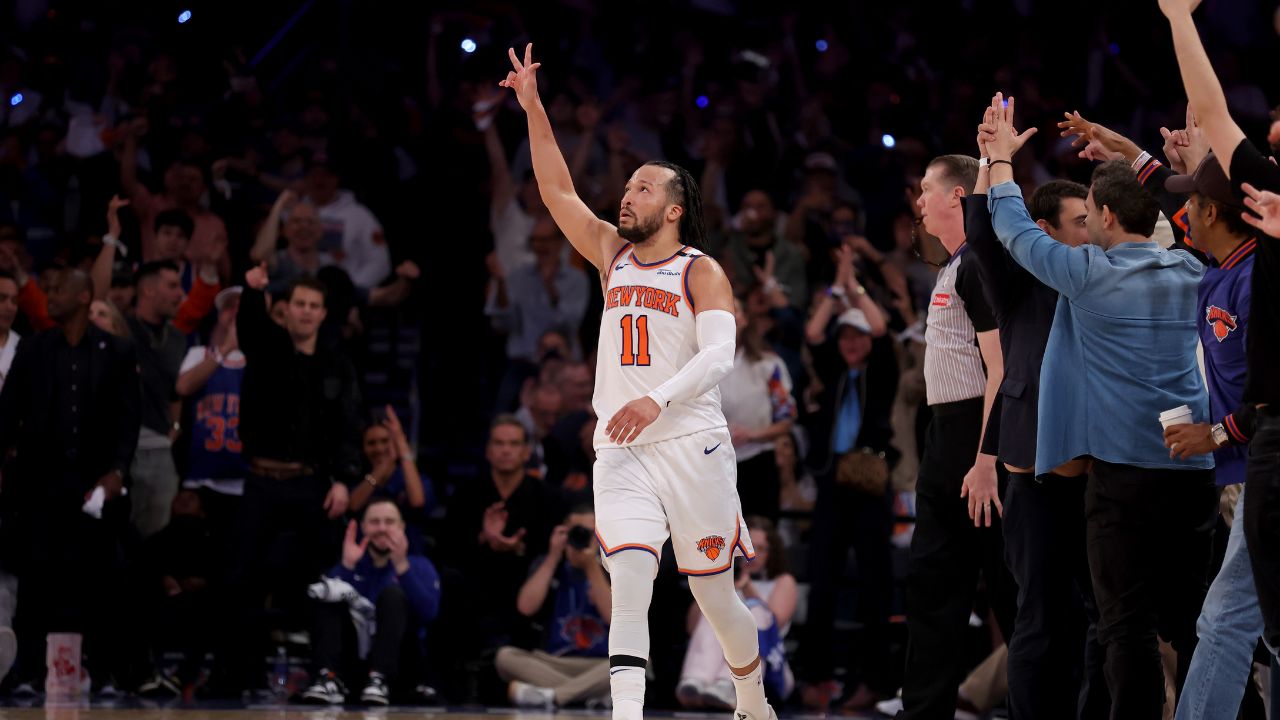 May 16, 2025; New York, New York, USA; New York Knicks guard Jalen Brunson (11) celebrates his three point shot against the Boston Celtics during the fourth quarter of game six in the second round of the 2025 NBA Playoffs at Madison Square Garden. Mandatory Credit: Brad Penner-Imagn Images