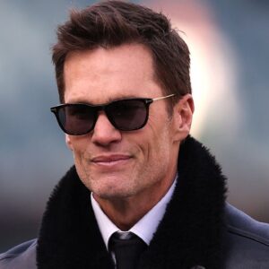 Announcer Tom Brady looks on before an NFC wild card game between the Philadelphia Eagles and the Green Bay Packers at Lincoln Financial Field.