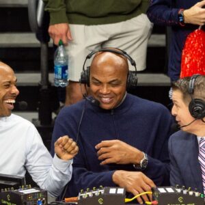Former Auburn basketball player Charles Barkley jokes with announcers Jay Williams, left, and Roxy Bernstein, right, as Auburn Tigers take on USC Trojans at Neville Arena in Auburn, Ala., on Sunday, Dec. 17, 2023. Auburn Tigers defeated USC Trojans 91-75.