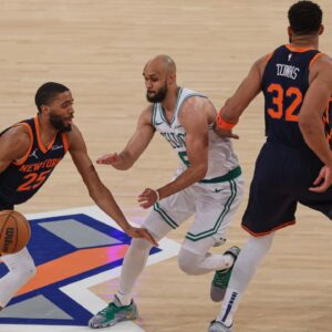 Mikal Bridges, Derrick White, Karl-Anthony Towns, Knick-Celtics Game 5