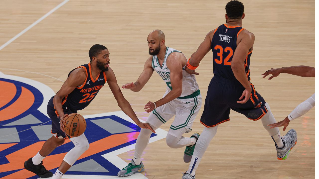 Mikal Bridges, Derrick White, Karl-Anthony Towns, Knick-Celtics Game 5