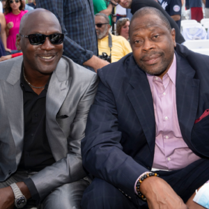 Sep 8, 2021; Cooperstown, New York, USA; Michael Jordan and Patrick Ewing pose for a photo prior to the 2021 National Baseball Hall of Fame induction ceremony at Clark Sports Center.