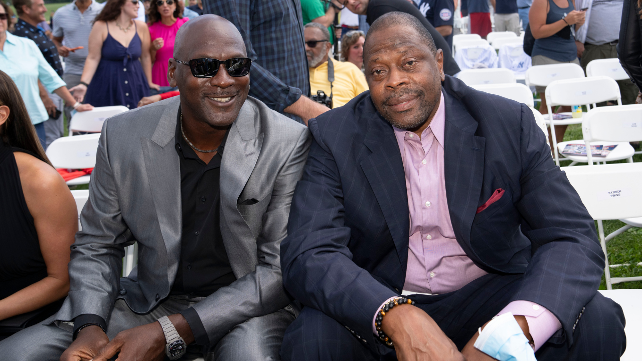 Sep 8, 2021; Cooperstown, New York, USA; Michael Jordan and Patrick Ewing pose for a photo prior to the 2021 National Baseball Hall of Fame induction ceremony at Clark Sports Center.