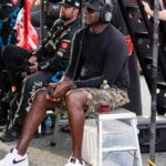 NASCAR Cup Series driver Tyler Reddick (45) team owner Michael Jordan watches his racer during the Goodyear 400 at Darlington Raceway.