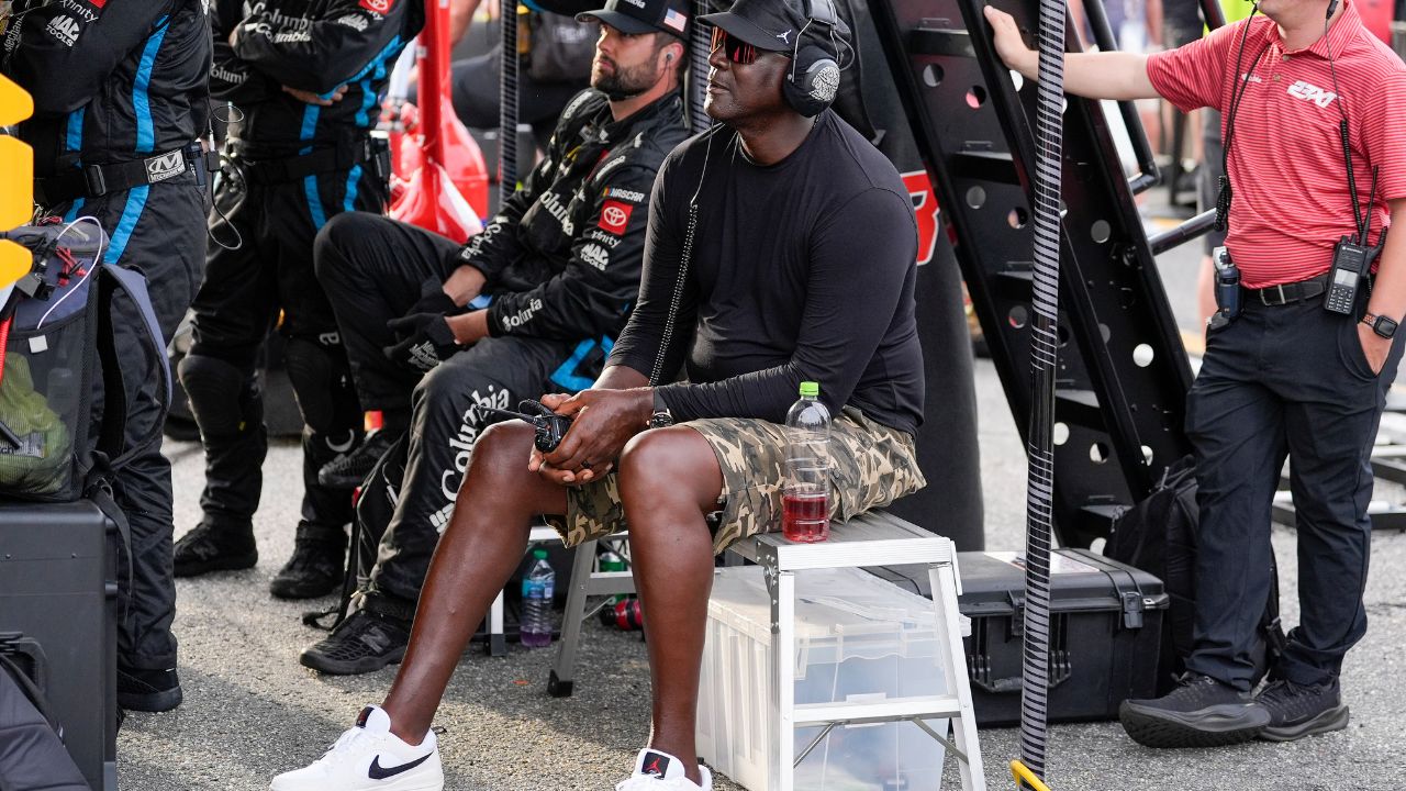 NASCAR Cup Series driver Tyler Reddick (45) team owner Michael Jordan watches his racer during the Goodyear 400 at Darlington Raceway.